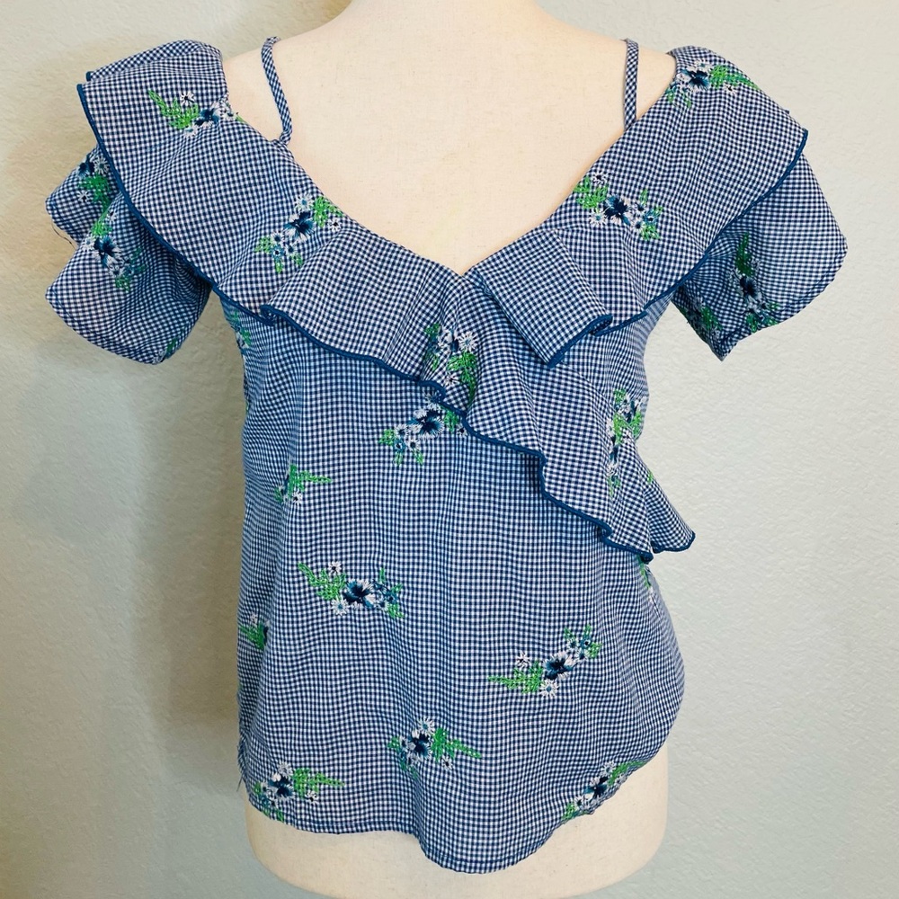Gypsies & Moondust Blue White Gingham Floral Embroidered Off Shoulder | Small - Picture 3 of 6